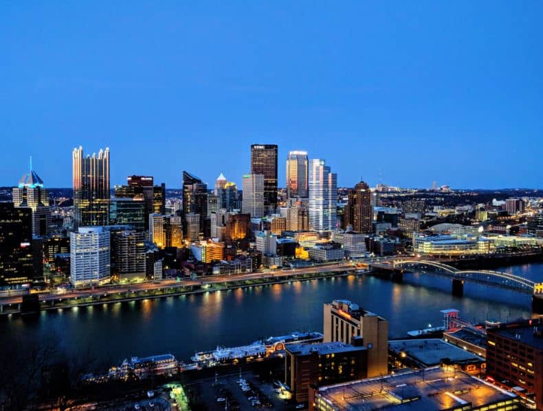 Arial view of Pittsburgh skyline at night to depict Diag Partners office in Pittsburgh PA